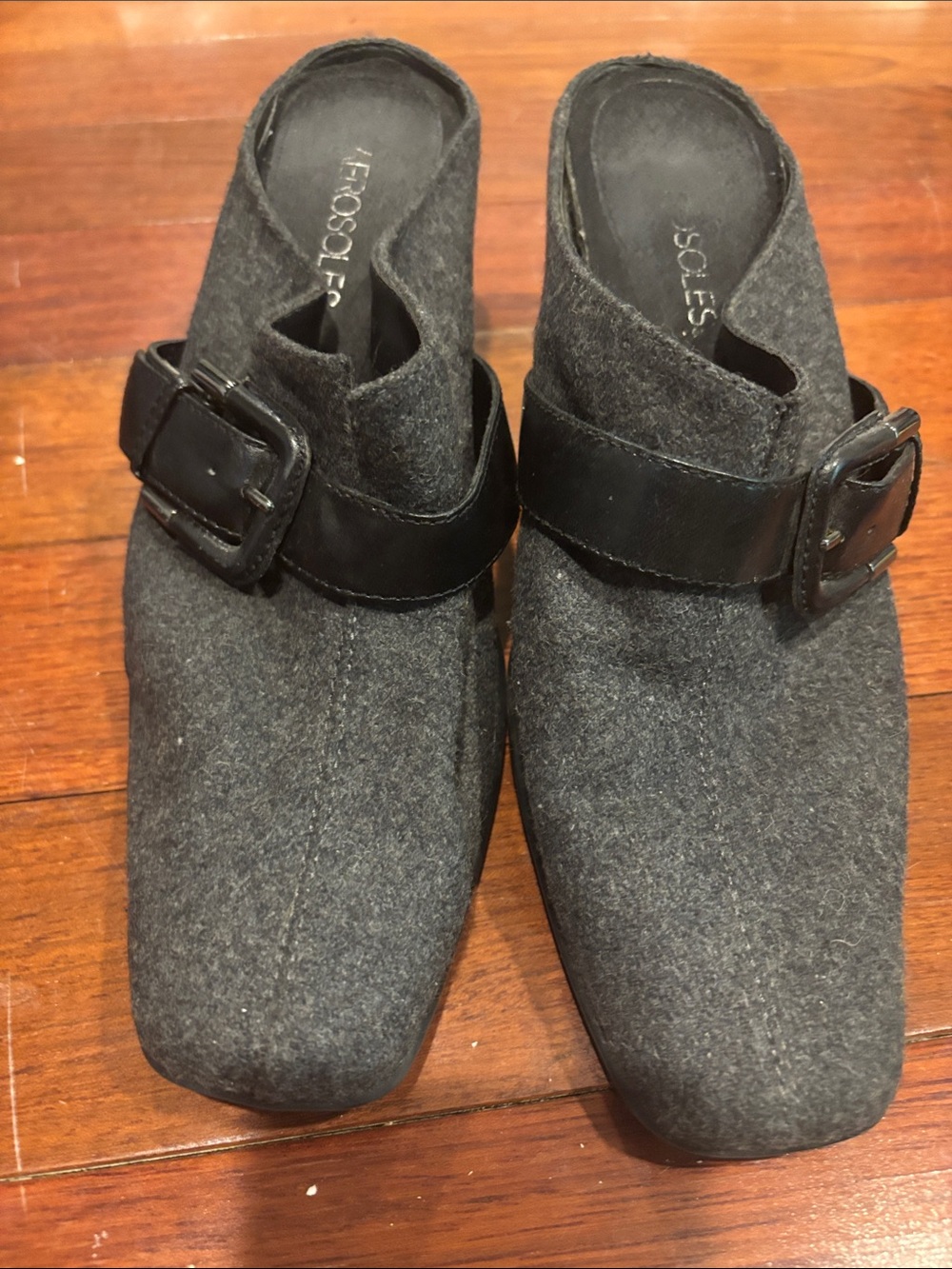 AEROSOLES Charcoal Gray Wool Mule Heels with Black Buckle Strap